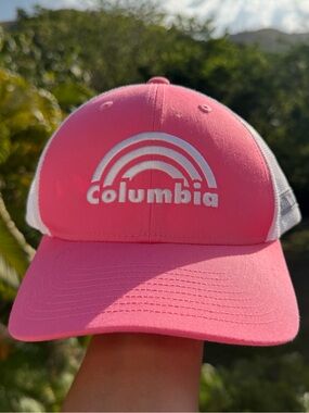 COLUMBIA Pink & White Mesh Adjustable Truckers SnapBack Cap w Rainbow One Size